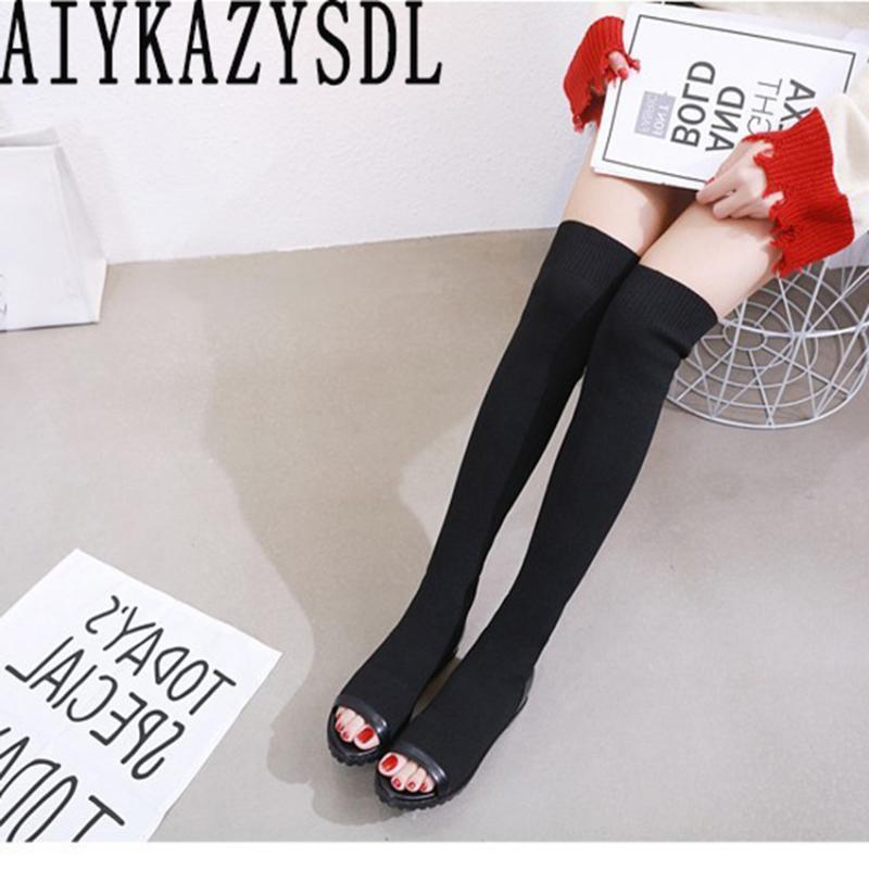 

AIYKAZYSDL Women Peep Toe Summer Boots Knit Stretch Stretchy Over The Knee Thigh High Boots Hidden Heel Med Wedge Flats Shoes, Black