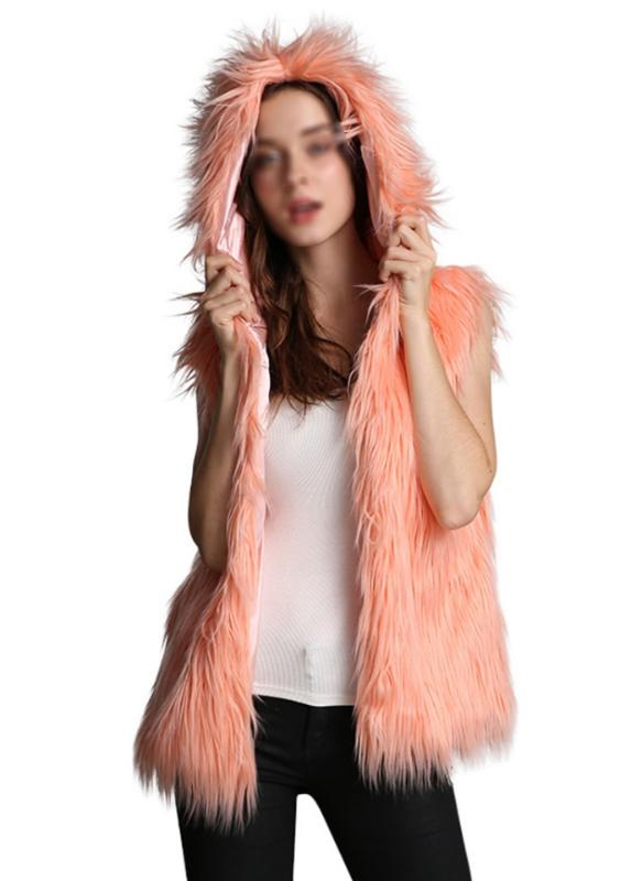 

B 2020 Fur Coat Women Autumn Winter Imitation Fur Hooded Vest Warm Plus Size Short Women's Jacket Female Coat White Pink Black