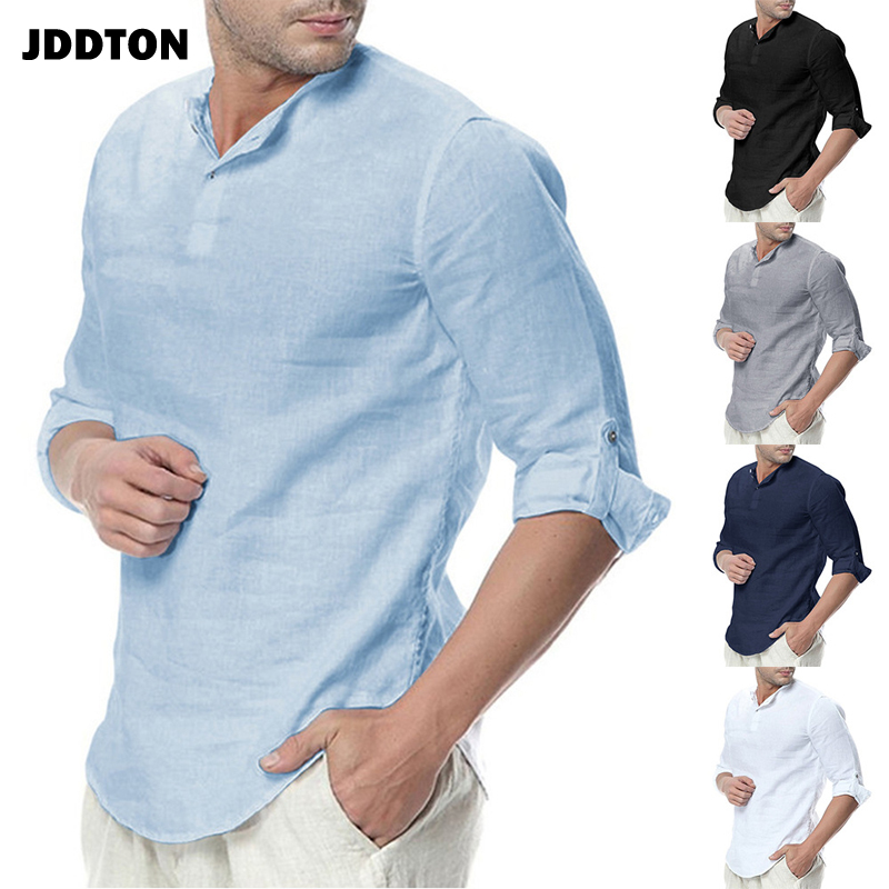 

JDDTON 2020 New Men's Summer Long Sleeve Cotton Linen Long Sleeve Cotton Casual Breathable Shirts Style Solid Male Shirts JE065, Men black