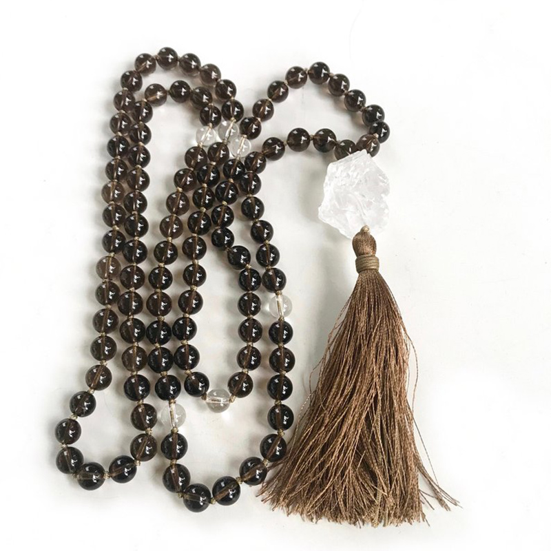 

Smokey Q-uartz Tassel Mala Necklaces 108 Beads Knotted Mala Necklace Raw Clear Q-uartz Necklace Spiritual Boho Jewelry