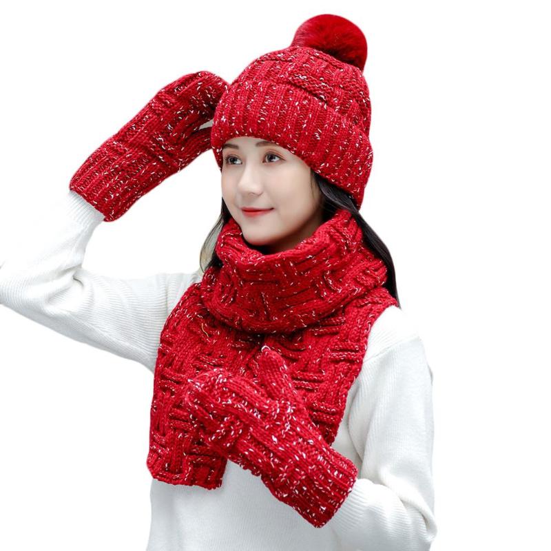 

New Winter Female Warm Hat Thick Scarf Hat Gloves Sets Girls Warm Beanies 3 Pieces Sets Winter Plush Caps Scarf Gloves For Women