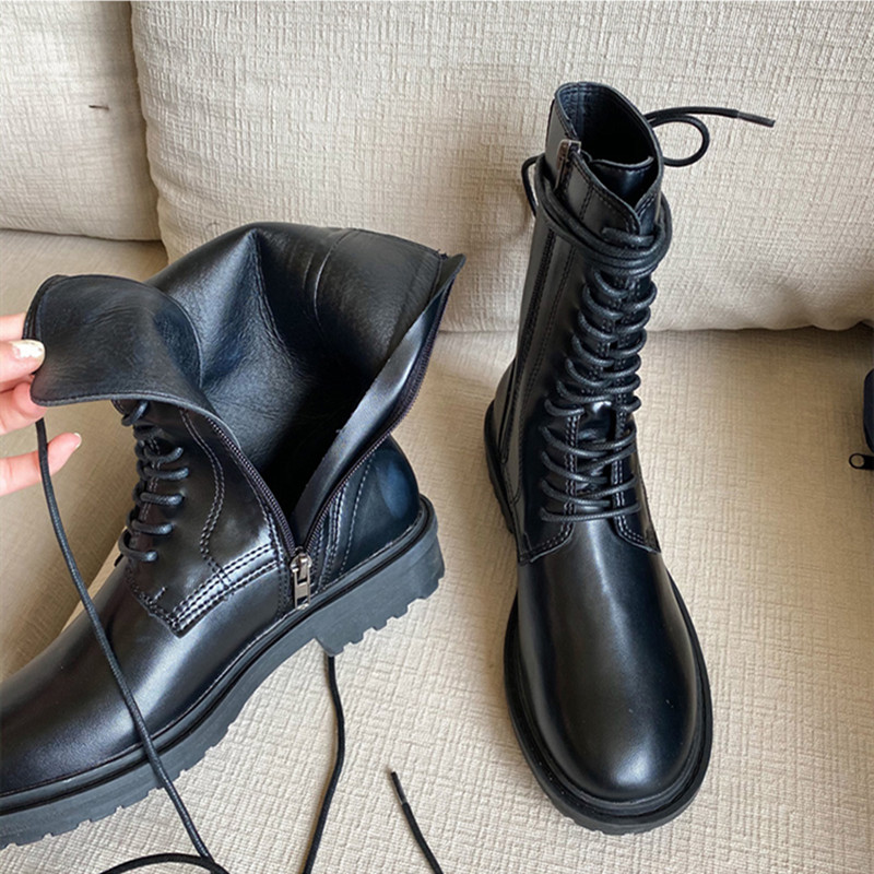 

2020 Winter Snown Booties Mid-calf Boots for Women Brand Design Boot Ladies Short Botas Female British Motorcycle Boots, Black