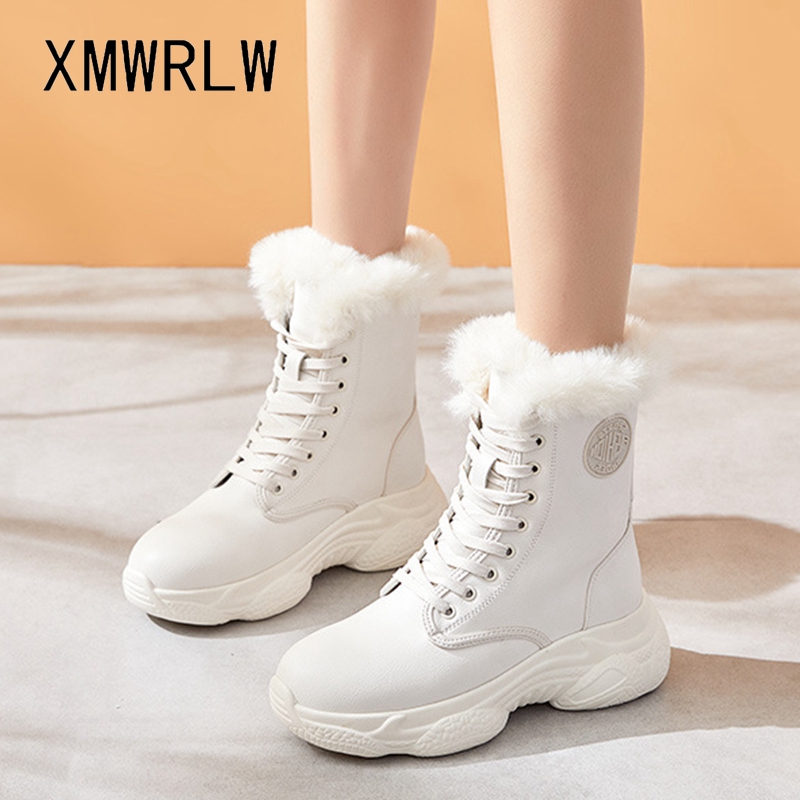 

XMWRLW Women's Snow Boots 2020 Winter Leather Warm Plush Women Mid-Calf Boots Thick Sole Ladies Winter Shoes Woman Snow Boot, Beige