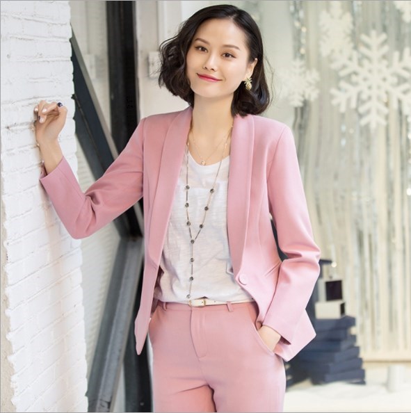 

High Quality Women Pant Suits Two Pieces Set Formal Blazer and Trousers Office Ladies Work Wear Pantsuit Solid Black White Pink