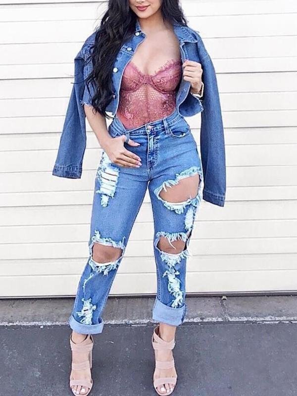 

Women' Ripped Distressed Boyfriend Jeans Stretch Denim Pants with Hole, As pic