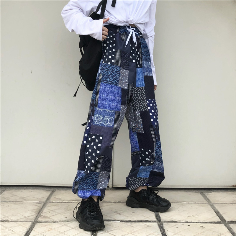 

Korean retro stitching wide-leg pants loose casual straight-leg pants, Blue