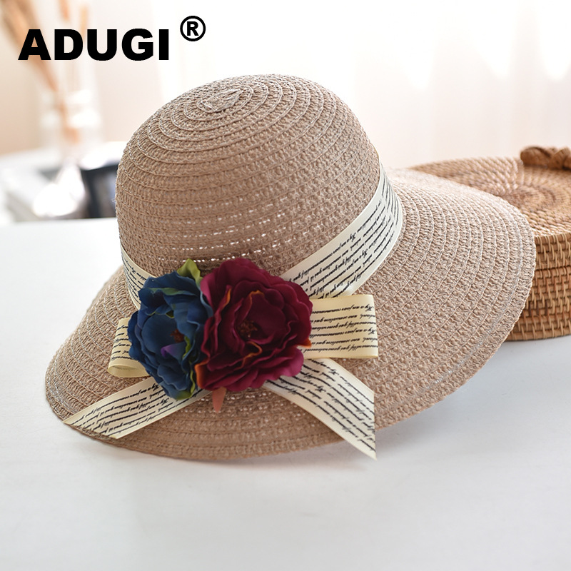 

ADUGI New Hat Summer Ladies Fisherman Hat Fashion Flower Sunshade Straw Breathable Sunscreen Sun Outdoor Beach, Khaki