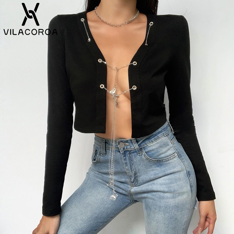 

V-neck Long Sleeve Cardigan Female Black Coat Butterfly Chain Hip Hop Cotton Crop Top Sexy Stitching High Waist Women Jacket