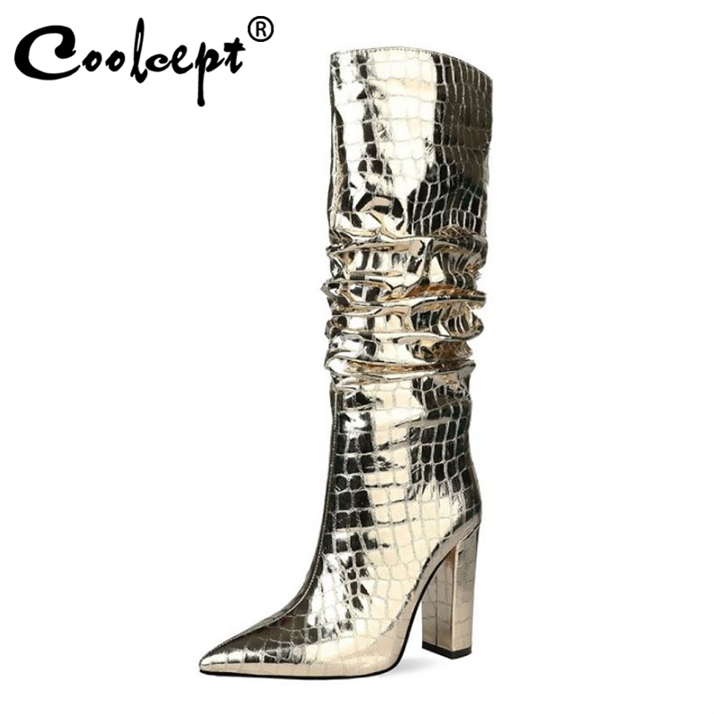 

Coolcept Winter Knee Boots For Women Pointed Toe Thick High Heel Pleated Stone Pattern Zipper Fashion Ladies Footwear Size 34-43, Gold 1