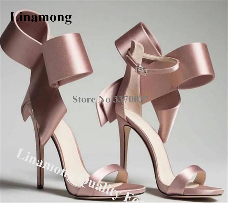 

Linamong Elegant Satin Bowtie Stiletto Heel Gladiator Sandals Pink Red White Ankle Strap High Heel Sandals Formal Dress Heels, As picture