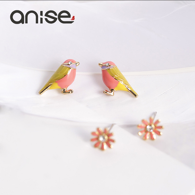 

Anise Cute Crystal Flower Earrings Bird Daisies Rhinestone Paint Stud Earrings For Women Fashion Oorbellen Jewelry 4 Pcs/Set