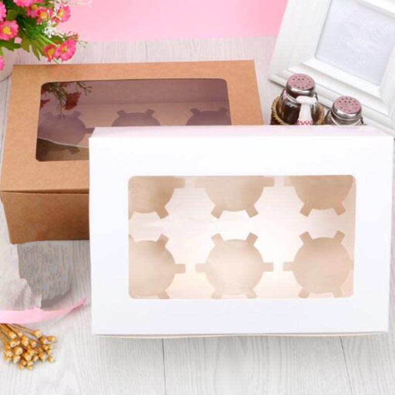 

10pcs Storage Bakery Dessert Paperboard Gift Case Clear Window 6 Holes Wedding Party Cupcake Box Packaging QLY1167