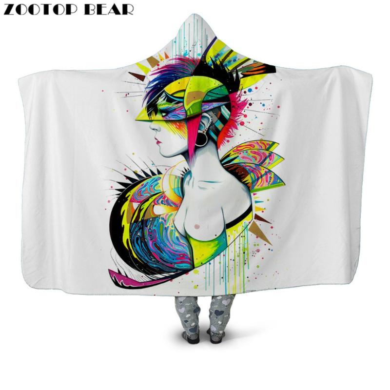 

Fashion Model Throw Hooded Blanket Anime 3D Printing Plush White Wearable Microfiber Casual Bedding Soft Office Adults Picnic