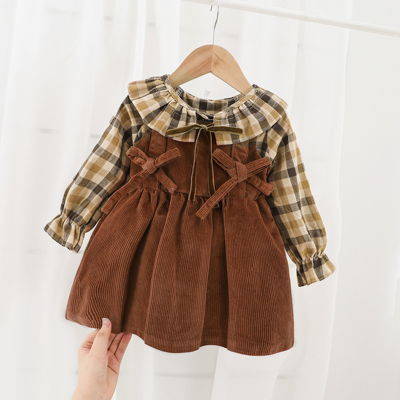 

Fashion Girls Dresses autumn Kids Dress suit Gold velvet lattice Children Clothing set Princess Dress Casual Kids Girls Clothes, As picture