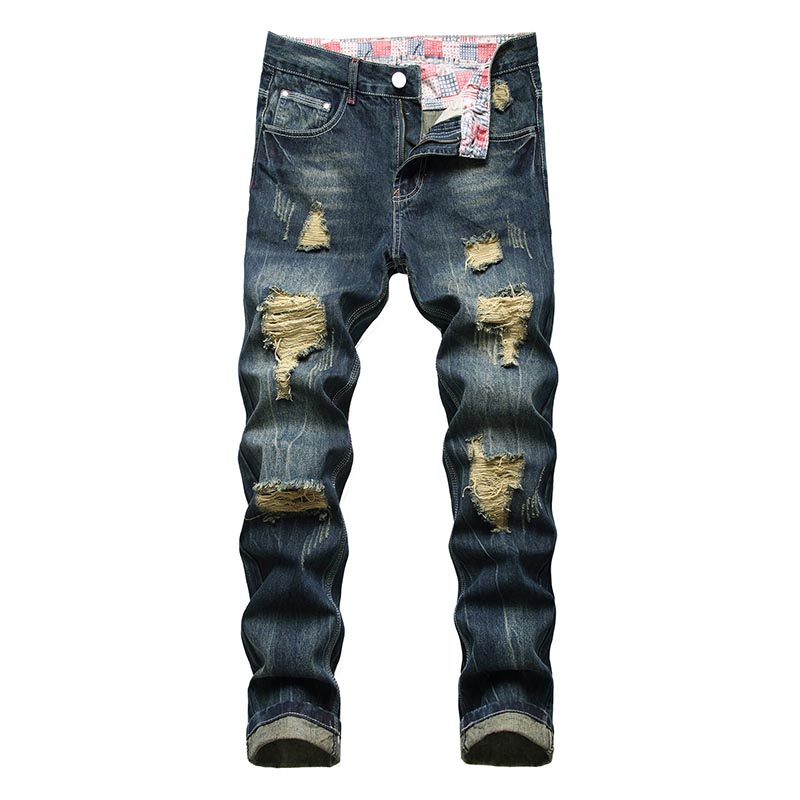 

Mcikkny Men Retro Ripped Jeans Pants New arrival Pleated Denim Trousers Male Dark Blue Size 28