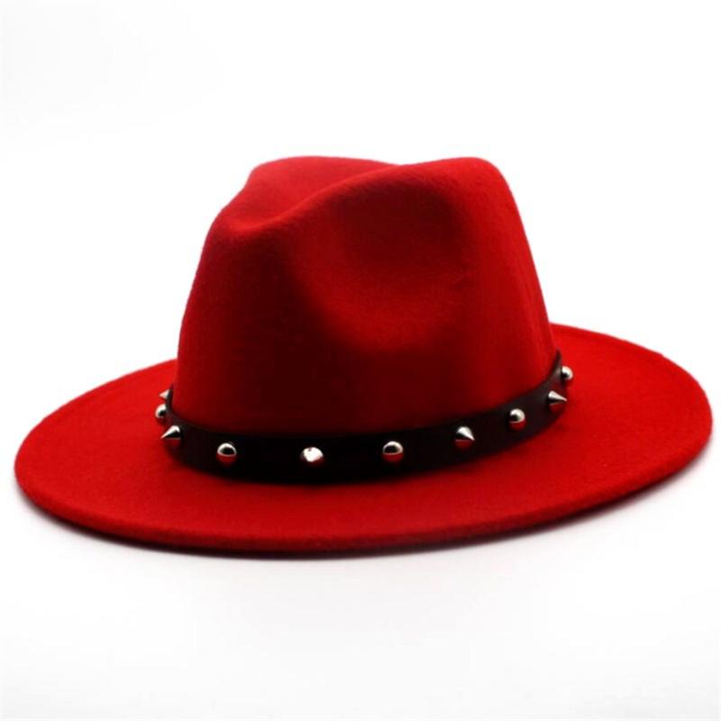 

Fashion Women Men Fedora Hat With Punk Rivet Outdoor Travel Casual Hat Wool Trilby Size 56-58CM, Red