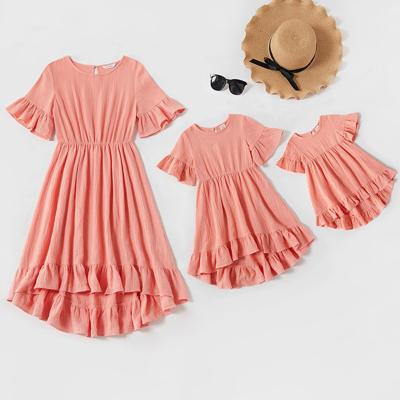

Family Matching Outfits Mother Daughter Dress Solid Ruffled Irregular Length Dress Mom Baby Daughter Mommy And Me Clothes, Color 3