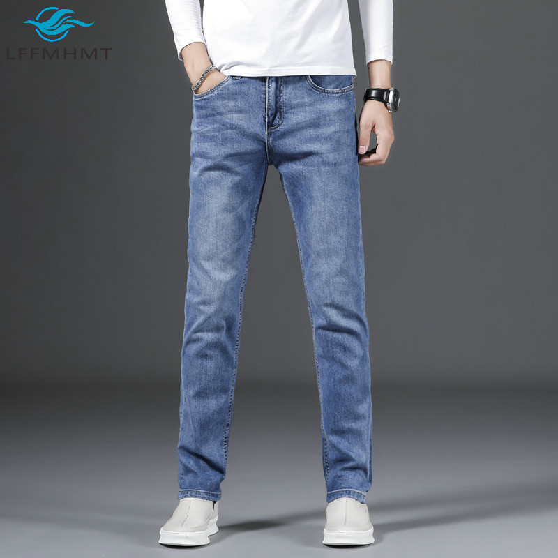 

Men Spring Fall New Fashion Solid Color Korean Style Denim Pant Male Mid Waist Straight Stretchy Large Size Loose Casual Jeans, Blue