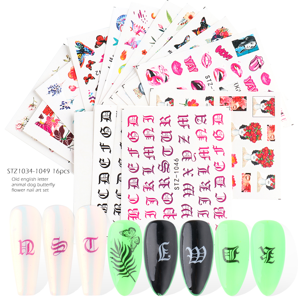 Old English Sliders Snake on nails Mixed Nail Art Stickers Inspiration Letter Water Tattoo Manicure Decals 16pcs/pack(different)-image-579376287