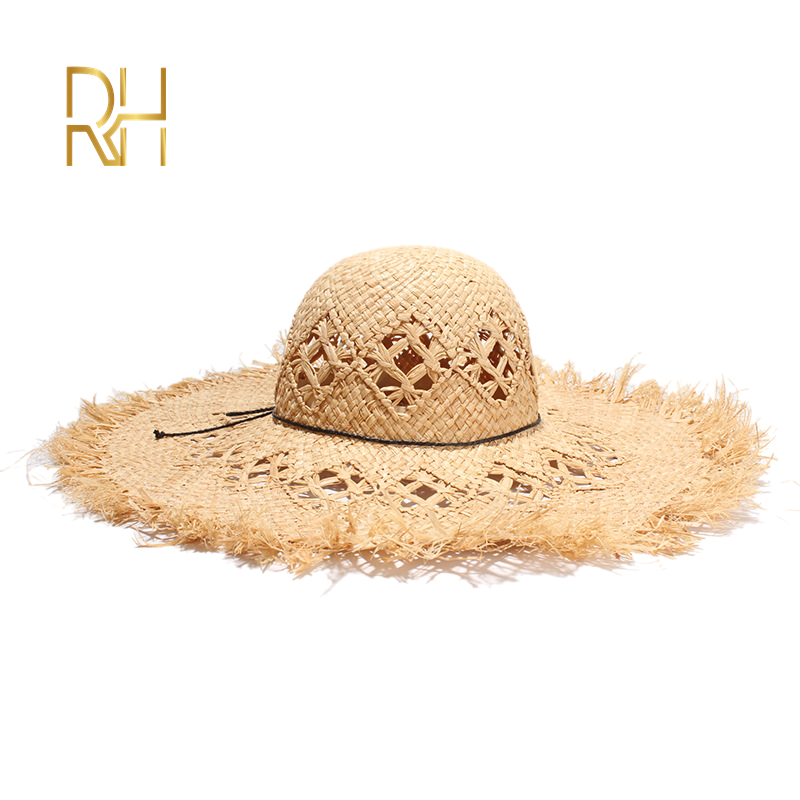 

RH New Summer Beach Caps Handmade Round Top Natural Raffia Straw Hat With Crochet For Ladies And Girls