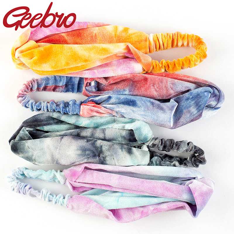 

Geebro Women's Bohemian Vintage Velvet Tie Dye Colorful Hairband Handmade Rainbow Fashion Headband customized Hair Accessories