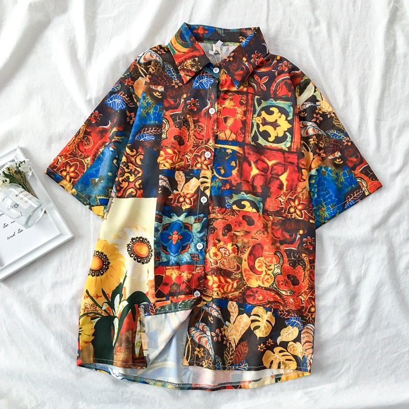 

2020 Women/Man Blouses BF Style Oversize Tops Harajuku Hawaii Shirts Streetwear Short Sleeve Blouses Female Blusas Mujer, Compass 1