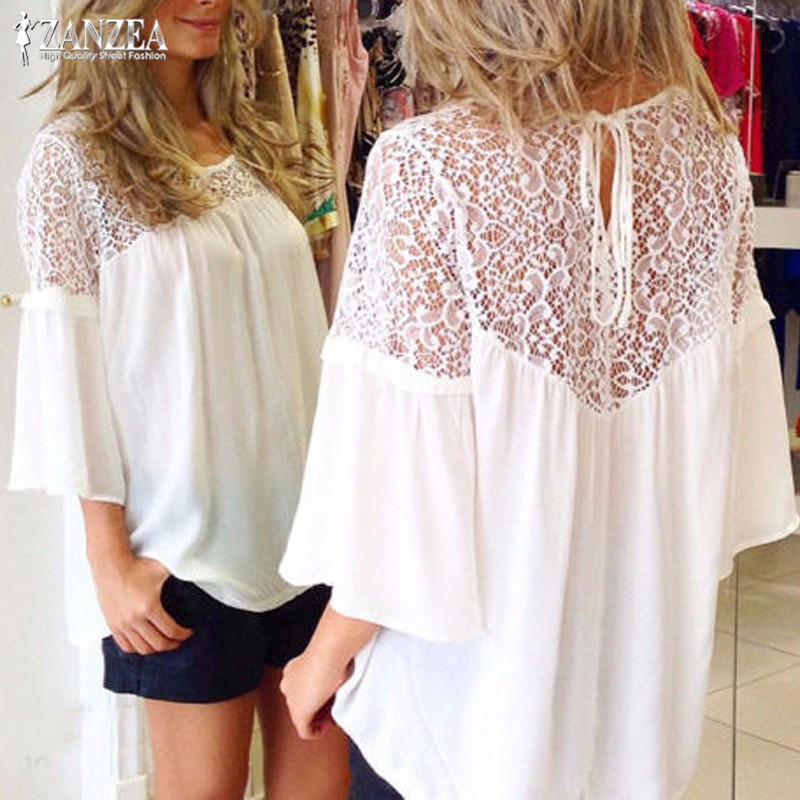 

Fashion Women's Lace Stiching Blouse ZANZEA 2020 Backless Summer Shirts Flare Sleeve Shirts Female Lace Up Blusas Plus Size 5XL, White