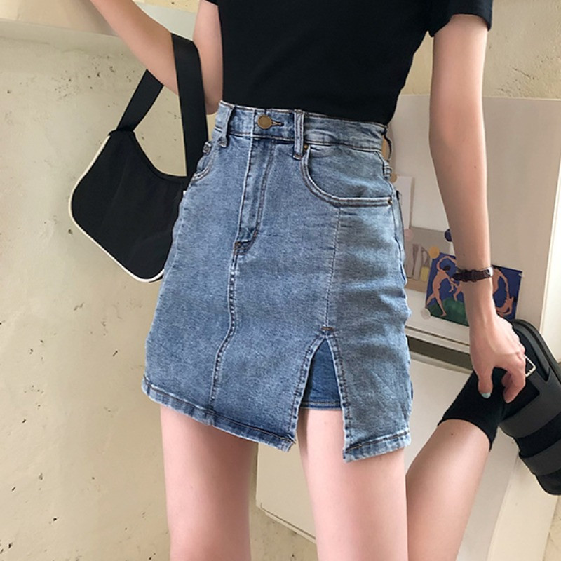 

2020 new one step skirt split denim skirt a-line short high waist hakama female summer bag hip, Blue