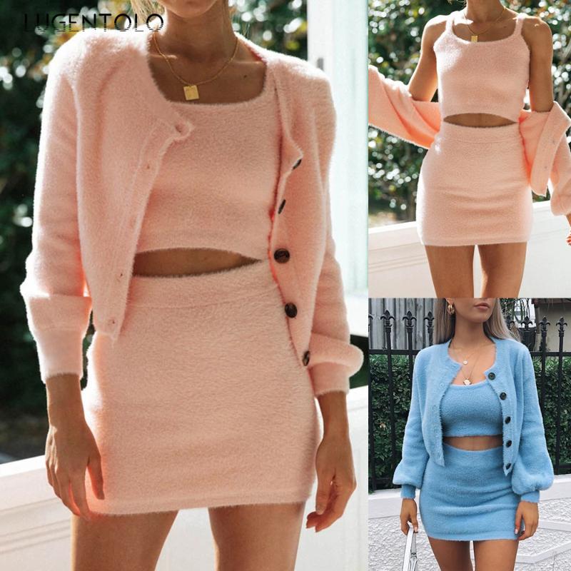 

Lugentolo Autumn Women Three-Piece Sexy Set Slim-Fit Spaghetti Strap Top Long Sleeve Cardigan Jacket Short Skirt Lady Solid Sets, Blue