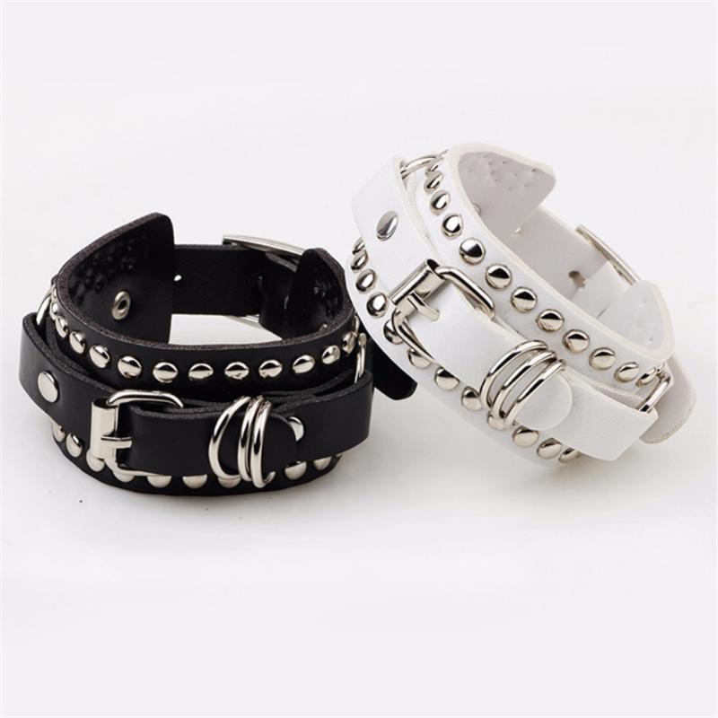

Druzy Unisex Black White Wide Leather Belt Bracelet Wristband Metal Spike Studded Chain Punk Rock Strap PU Leather Bracelet