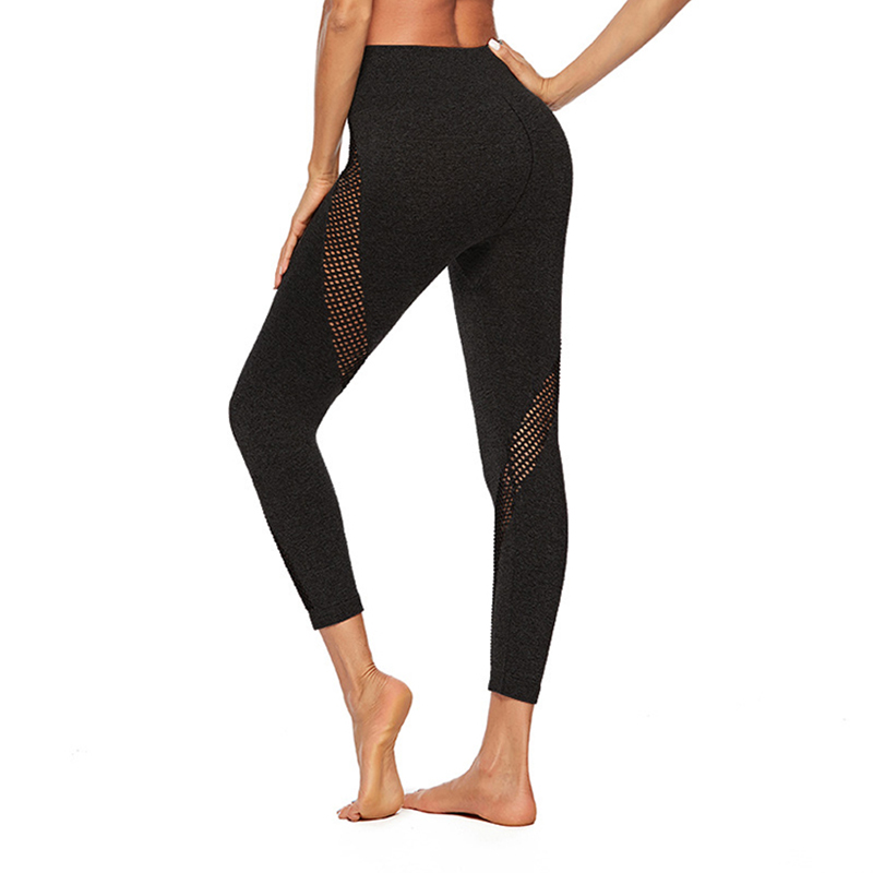 

Women' solid color breathable sports seamless yoga pants hollow sexy fitness outdoor workout slim yoga leggings, Black