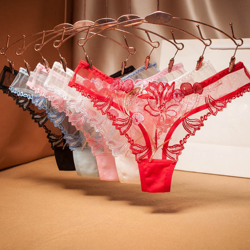 

Mesh Transparent embroidery flower Sexy women's panties thong panty women cotton crotch T back G String underwear lingeries Briefs