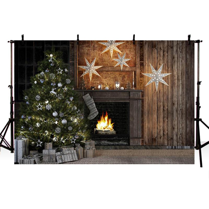 

Mehofond Backdrop Christmas Tree Fireplace Vintage Brown Wood Wall Carpet Gift Light Photography Background for Photo Studio Dec