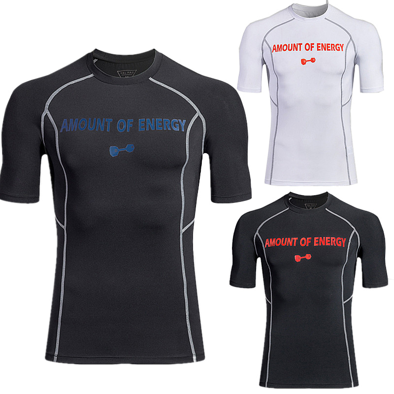 

Energy temperature change sports fitness running short-sleeved stretch fast-drying tights fitting Men T-shirt compression shirts, Whitered