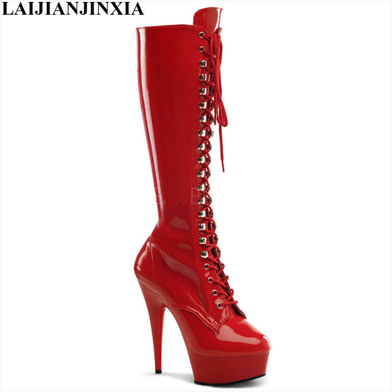 

LAIJIANJINXIA Cool Patent Stylish 15cm Platforms High Heel Shoes, Pole Dance / Model Shoes, Mid Bootie, Sexy Knee-High Boots, Color 1