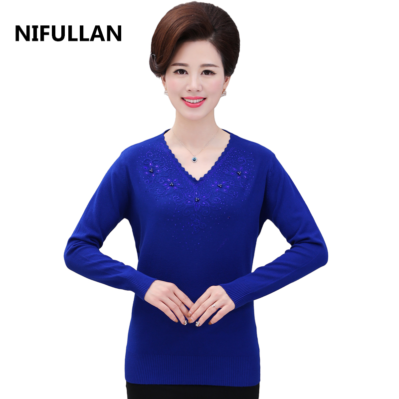 

NIFULLAN New 2020 Women Cashmere Sweaters And Pullovers Fashion V-Neck Solid Long Sleeve Mother Knitwear Knitting Tops Plus Size, Black