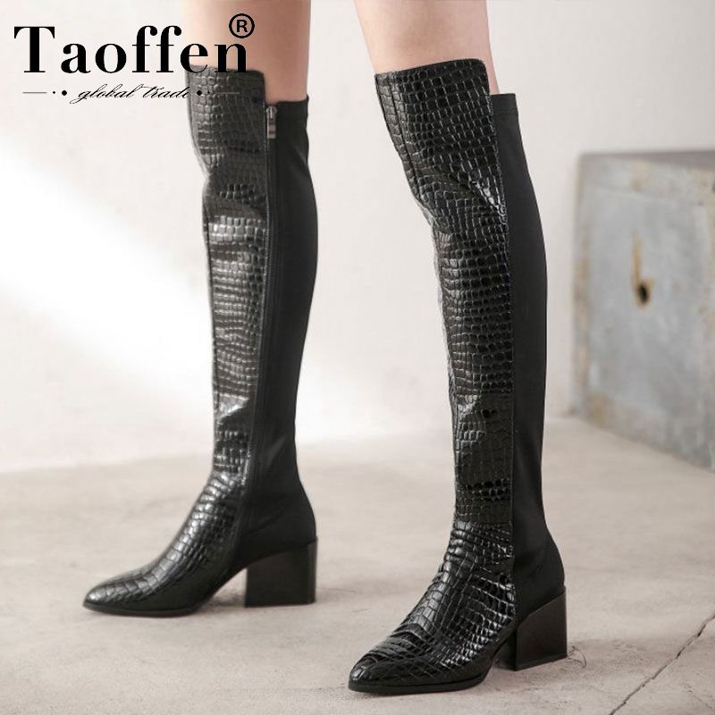 

TAOFFEN Genuine Leather Over The Knee Boots Ladies Winter Pointed Toe Block Heel Boots Side Zipper Footwear Size 34-39, Black