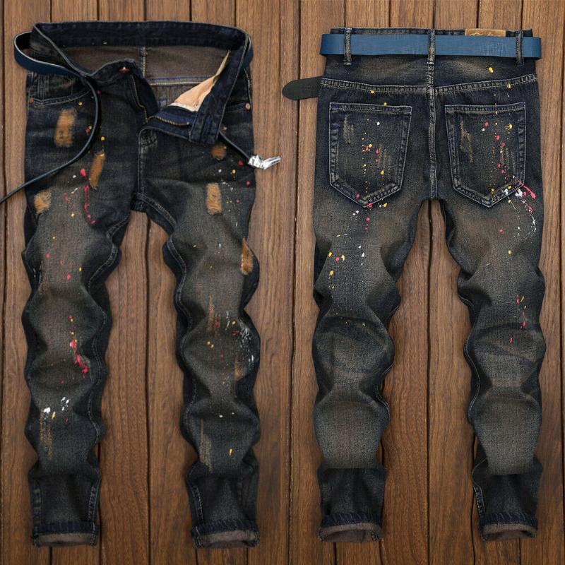 

Fashion Men Ripped Biker Skinny Jeans Frayed Destroyed Doodle Dots Trousers Ankle Length Black Denim Pants Size 28