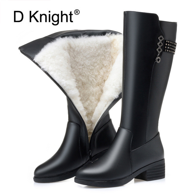 

Warm Wool Women Knee High Boots Winter Genuine Leather Square Heel Boots Female Side Zipper Round Toe Shoes Woman Riding, Short plush v41
