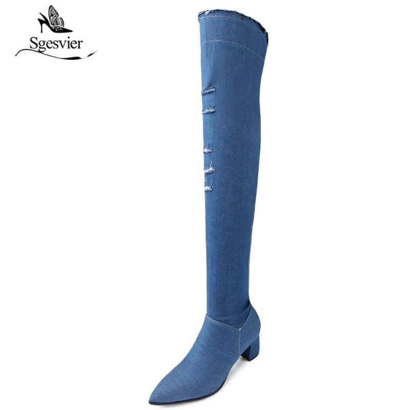 

Sgesvier 2020 Denim Women Boots Blue Party Over Knee High Boots Sexy Square Heels Sexy Autumn Ladies Fashion Size 43 OX491, Black