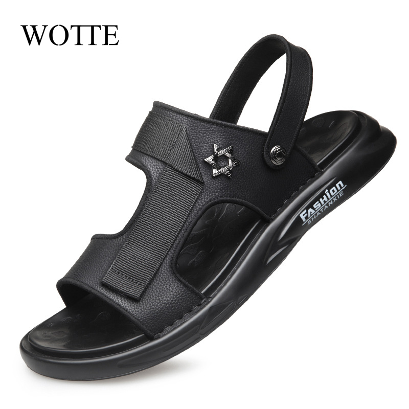 

Summer Men Sandals Comfortable Genuine Leather Casual Shoes Slip-On Super light Men's Beach Sandals Gentleman sandalias, Brown