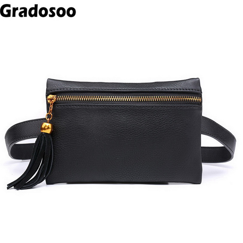 

Gradosoo Fashion PU Fanny Packs Women Waist Bags Tassel Design Belt Bag New Travel Waist Packs Small Purse Phone Pouch Bag A009, Black
