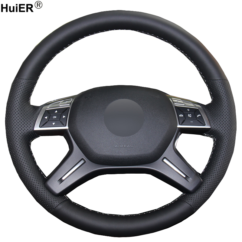 

HuiER Hand Sew Car Steering Wheel Cover Wear-resistant Black Leather For GL350 ML350 Steering-wheel Auto Protector