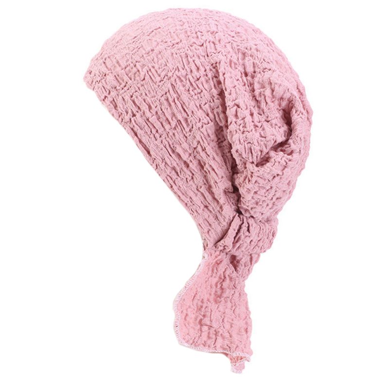 

Women Bubble Wrinkled Turban Hat Pre Tied Tail Elastic Beanie Scarf Head Wrap Bright Solid Color Slip-On Chemo Cap Cover, White