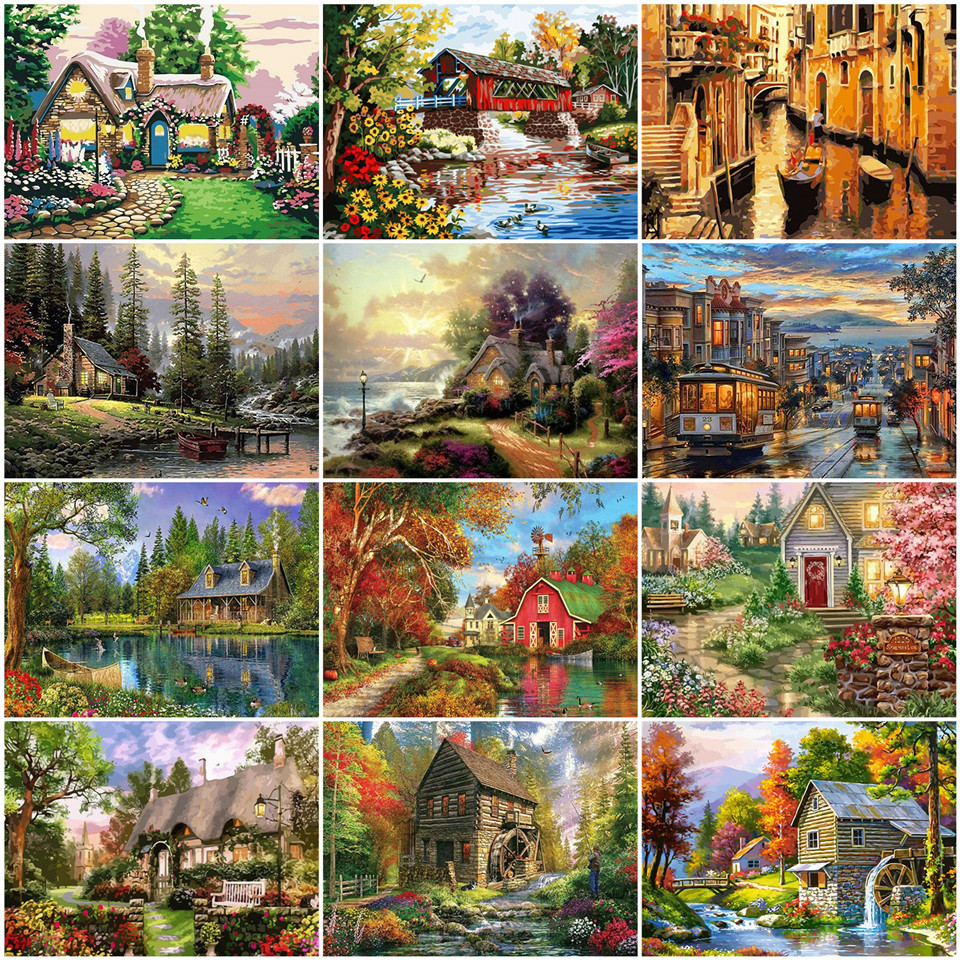 

AZQSD DIY Painting By Numbers Landscape On Canvas Unique Gift Coloring By Numbers House Picture For Living Room Home Decoration