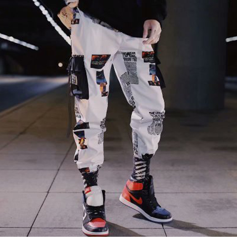 

Streetwear Hip Hop Men Pants Patchwork Pocket Side 2020 New Loose Joggers Sweatpants Men Ankle Length Trousers For Male, White