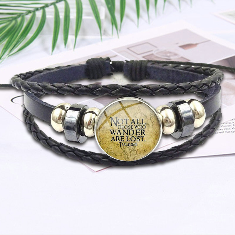 

Not all Those Who Wander are Lost Fashion Glass Cabochon Black Leather Bracelet Bangle For Men Women Party Gift