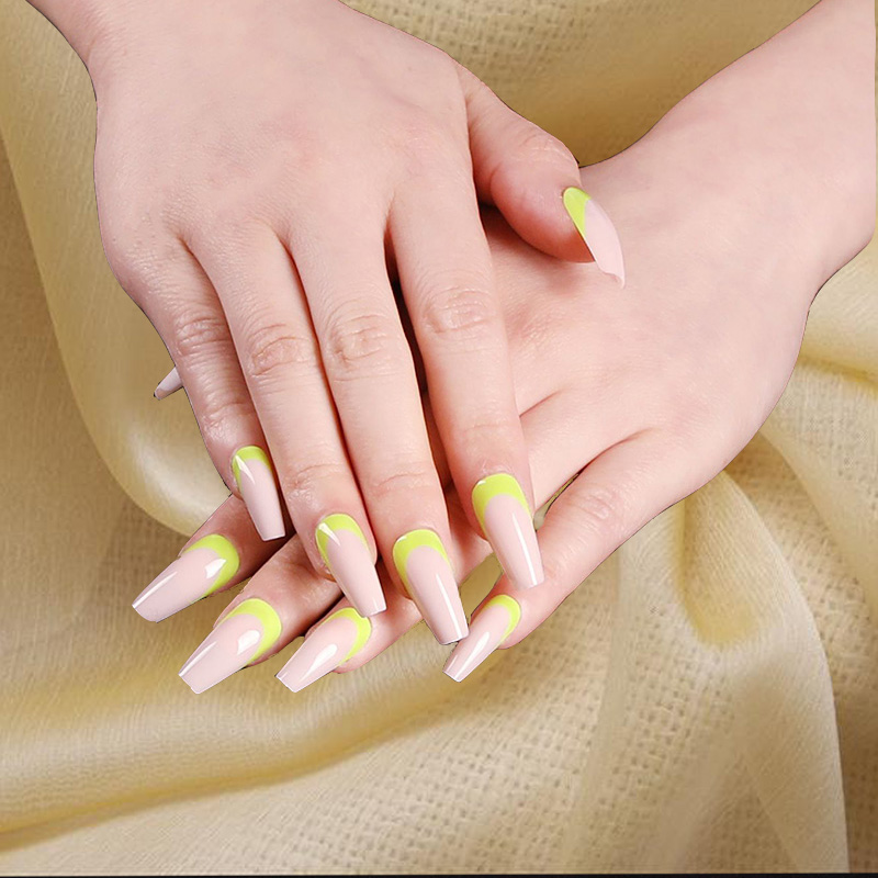 

24pcs Long Style Ballet French Opposite Fluorescent Yellow Fake Nails Girls Wearable Manicure Hands Decoration fake nails coffin, As