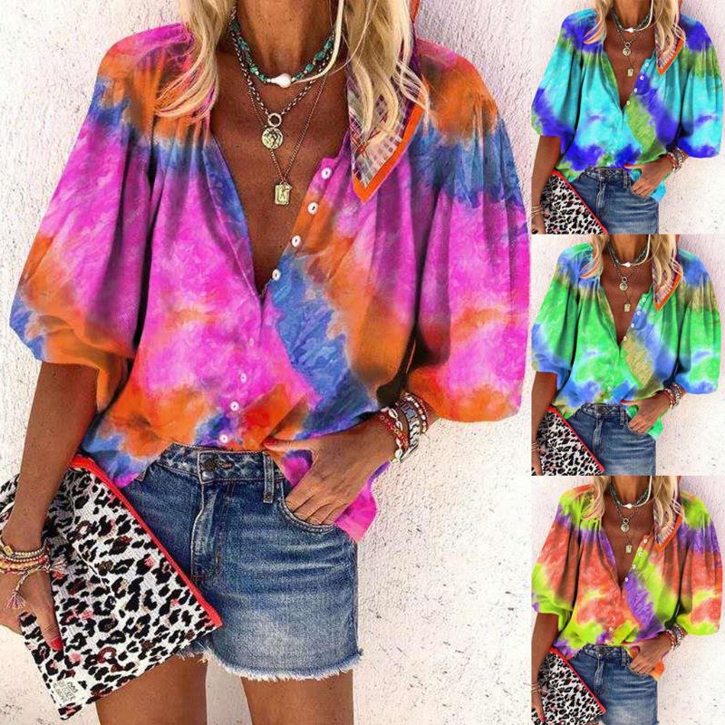

#H40 Tie Dye Print V Neck Blouse Women' Shirts Casual Loose Long Sleeve Buttons Shirt Womens Tops And Blouses Blusa Feminina, Blue