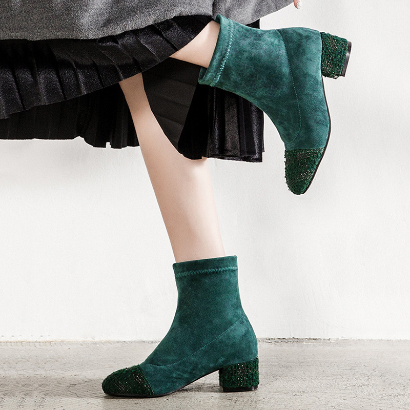 

Women winter new boots flock casual Korean style stretch boots wild thick heels plus velvet mid-heel short ladies, Black